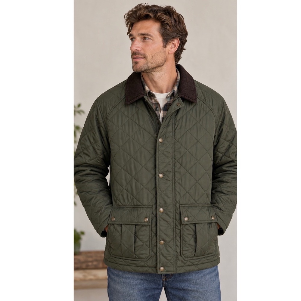 Lands End Mens Quilted Barn Jacket Olive Green Corduroy Collar Primaloft Large